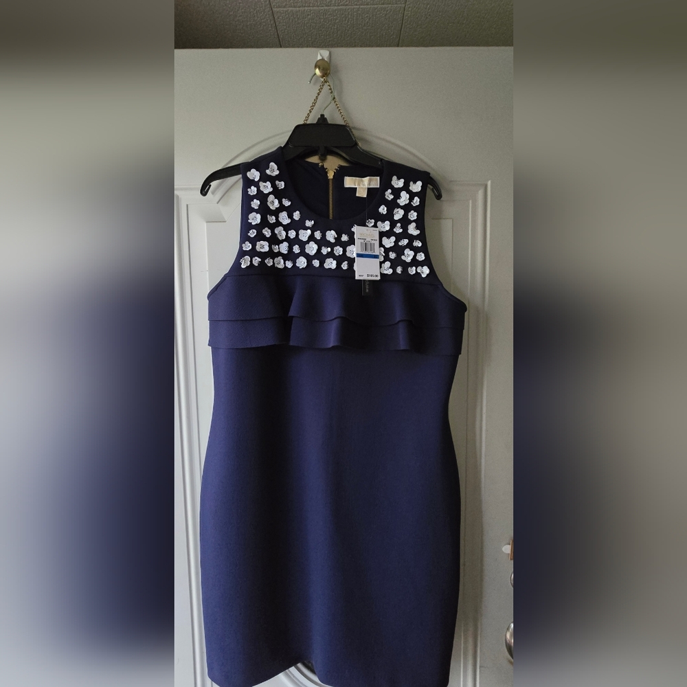 Michael KORS elegant Navy Sleeveless Dress with Floral Accents